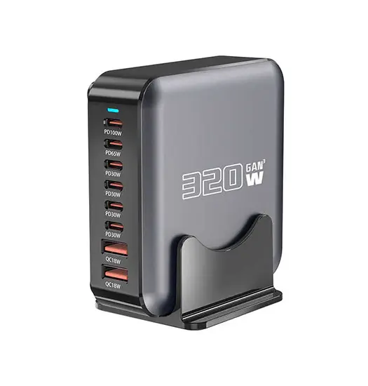 320W USB Ladestation GaN – 6x USB-C (100W PD) 2x USB-A – Sort
