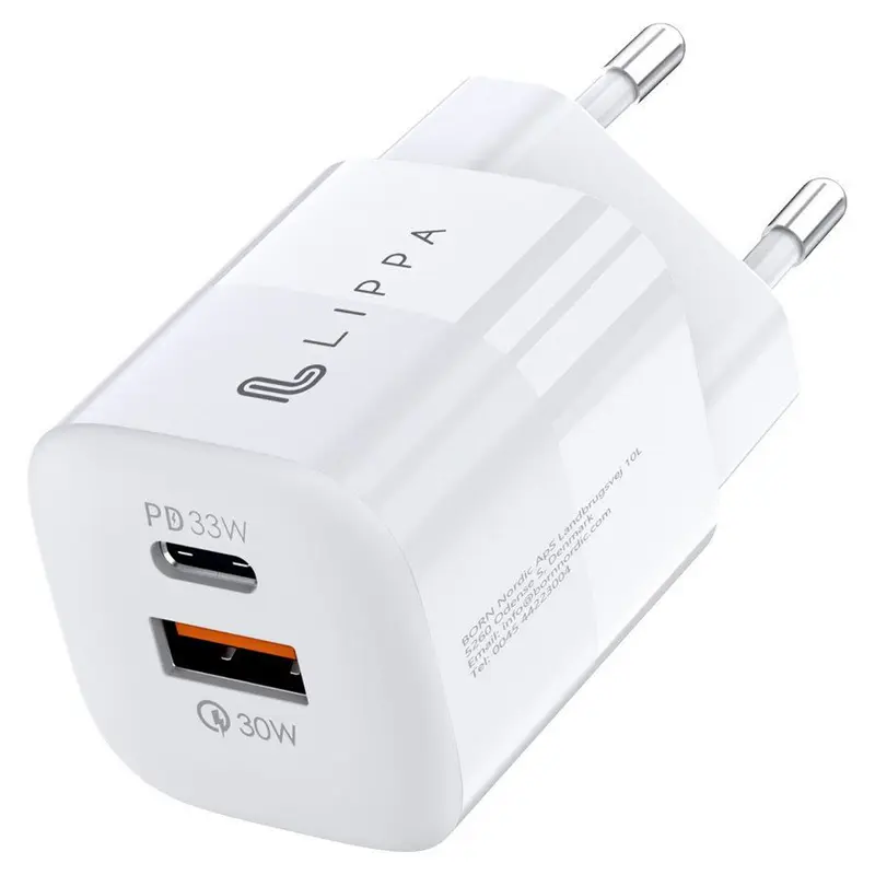 33W USB-C PD & USB-A QC GaN oplader, Hvid