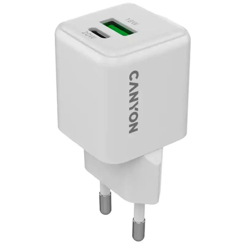 Canyon GaN 20W USB-C PD & USB-A Oplader, Hvid