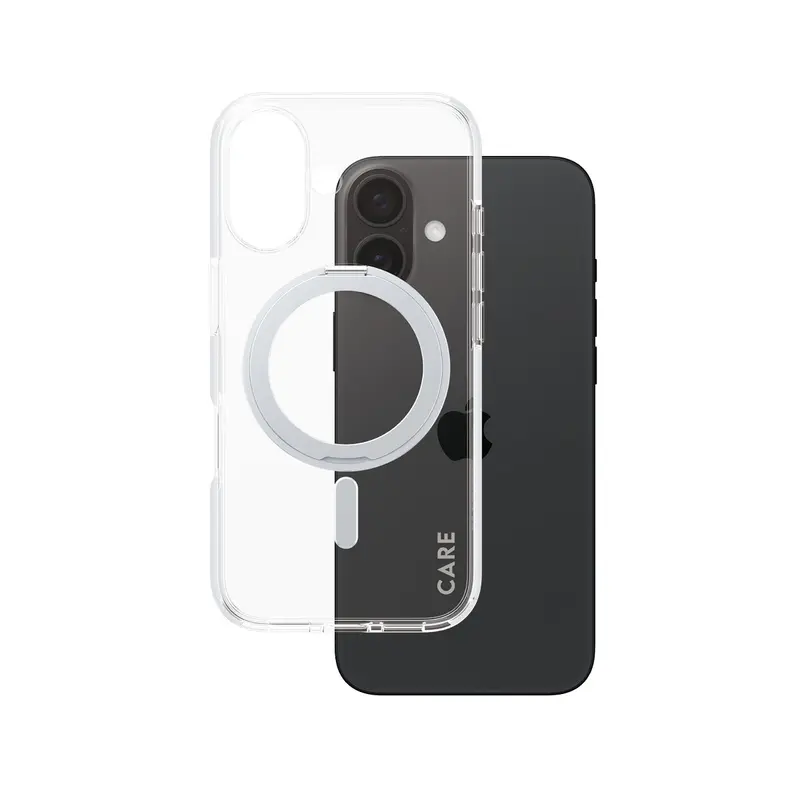 CARE™ by PanzerGlass® Case Transparent m. Sølv Kickstand & MagSafe iPhone 16
