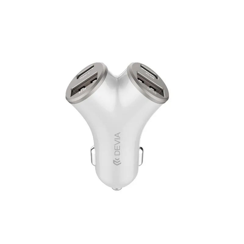 Devia Y-Formet 48W Biloplader - 2 x USB-C Stik - 2 x USB-A Stik - Sølv