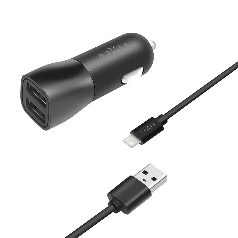Fixed Dual Biloplader 15W - 2 x USB-A - 1 x USB-A til USB-C Kabel - Sort