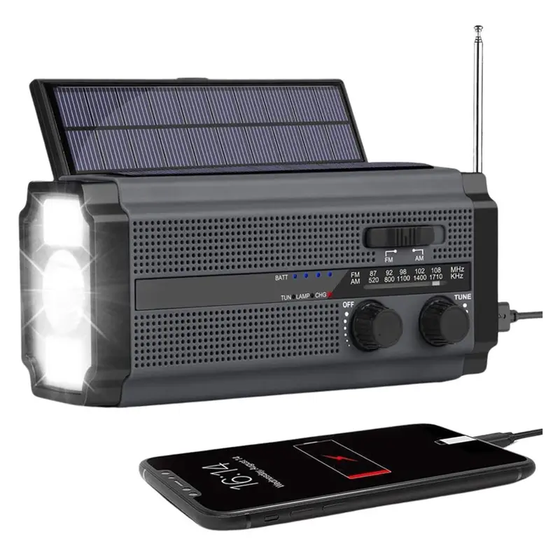 FM nødradio, håndsving, solcellepanel, 5.000 mAh powerbank, Sort