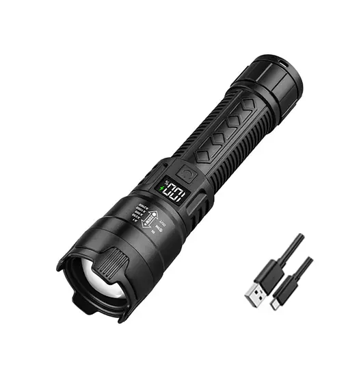 Genopladelig LED-lommelygte med Zoom, Nødlys