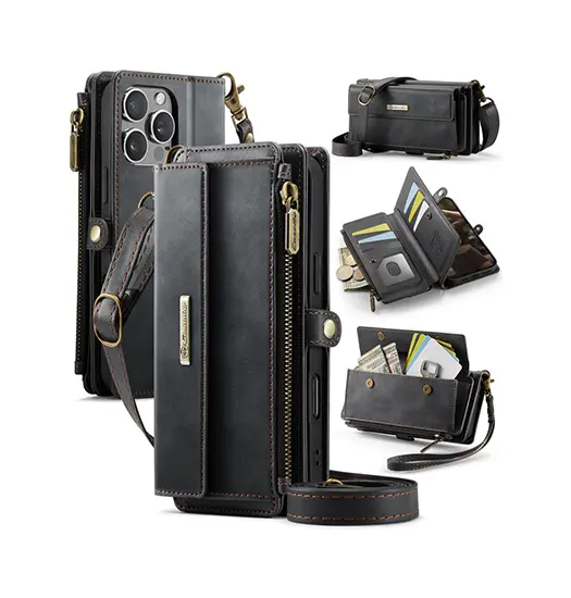 iPhone 16 Pro - CaseMe™ Læder Cover med Crossbody Strop - Sort