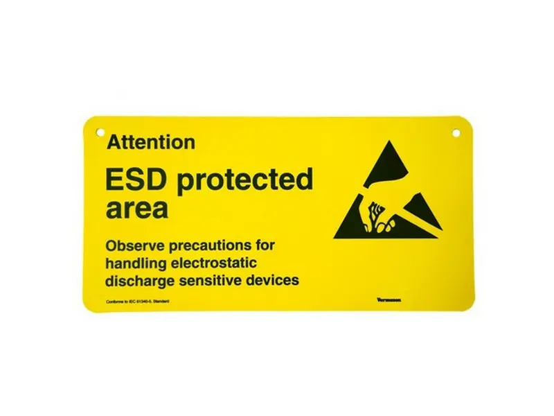 Label  "ESD protected area" 300x150mm med skruehuller