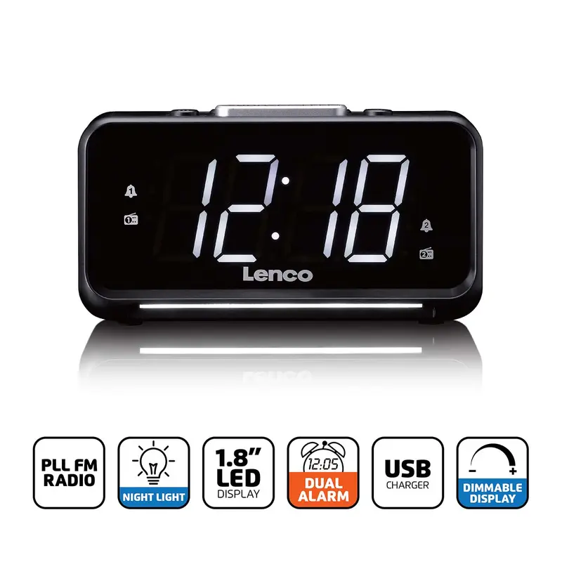 Lenco - Clockradio med manuel lysdæmper og natlys - CR-28BK