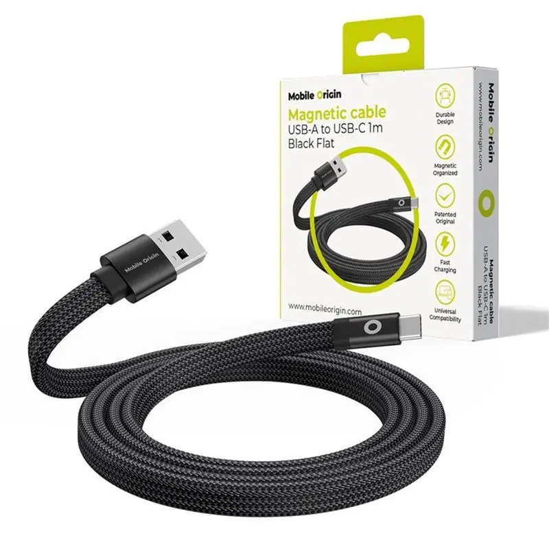 Mobile Origin - 1m Fladt Magnetisk USB-A til USB-C Kabel - Sort
