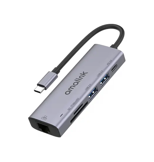Multihub USB-C til 2xUSB-A / 1xUSB-C / SD/TF / Ethernet - Grå - AMALINK