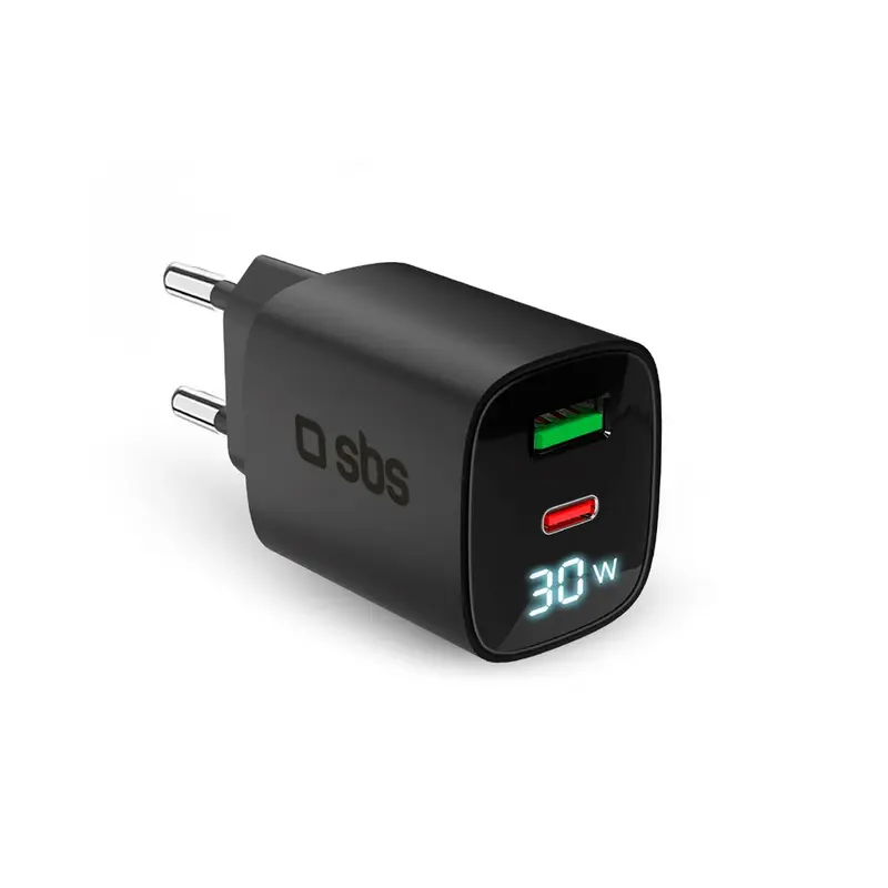 SBS - 30W - LCD Vægoplader - 1x USB-A & 1x USB-C - Sort
