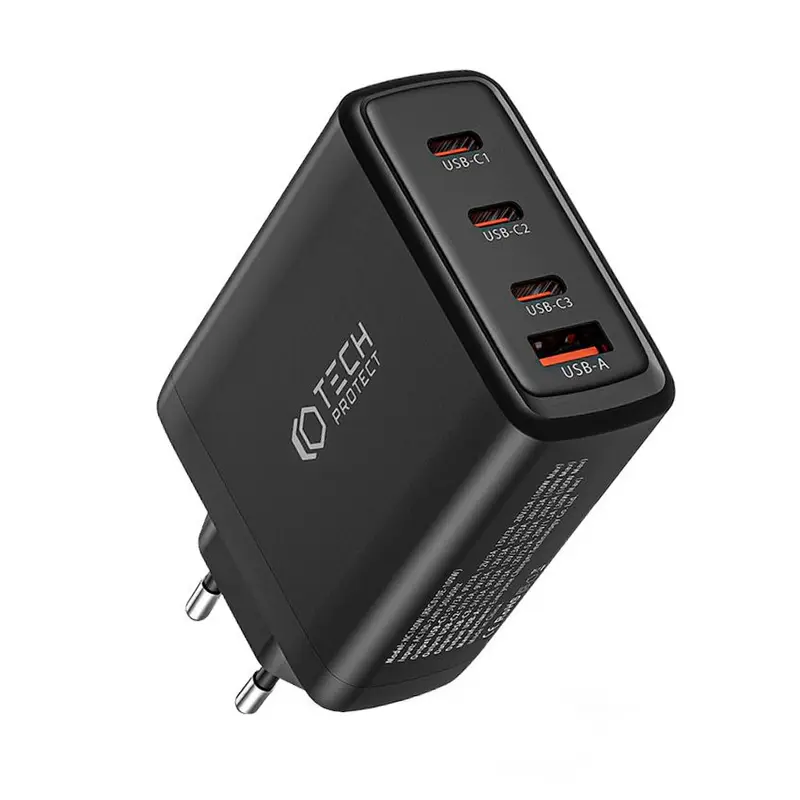 Tech-Protect 100W PD GaN Vægoplader m. 3 x USB-C & 1 x USB-A - Sort