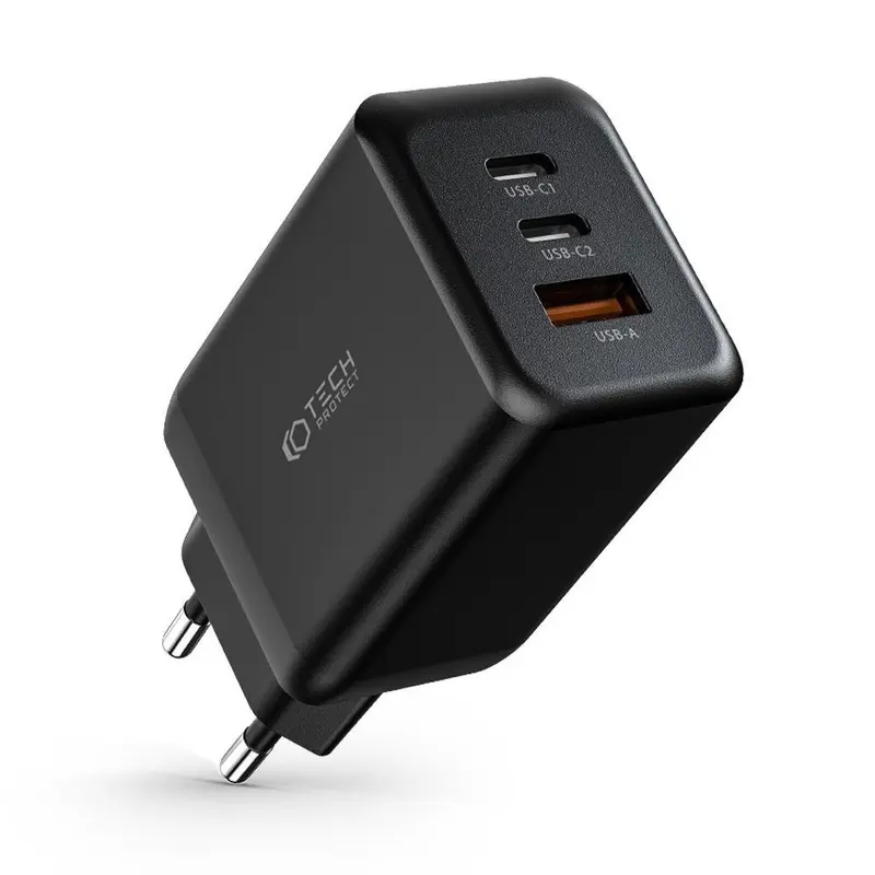 Tech-Protect NC Vægoplader PD 65W m. 2 x USB-C & 1 x USB-A - Sort