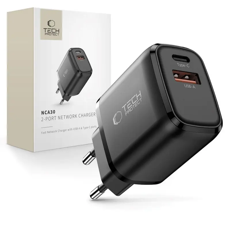 Tech-Protect Vægoplader m. 30W - 1 x USB-A (QC) & 1 x USB-C (PD) - Sort
